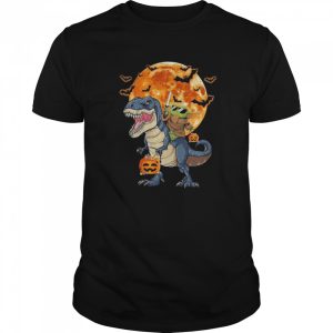 Baby Yoda Riding Dinosaur T-rex Pumpkin Moon Halloween shirt