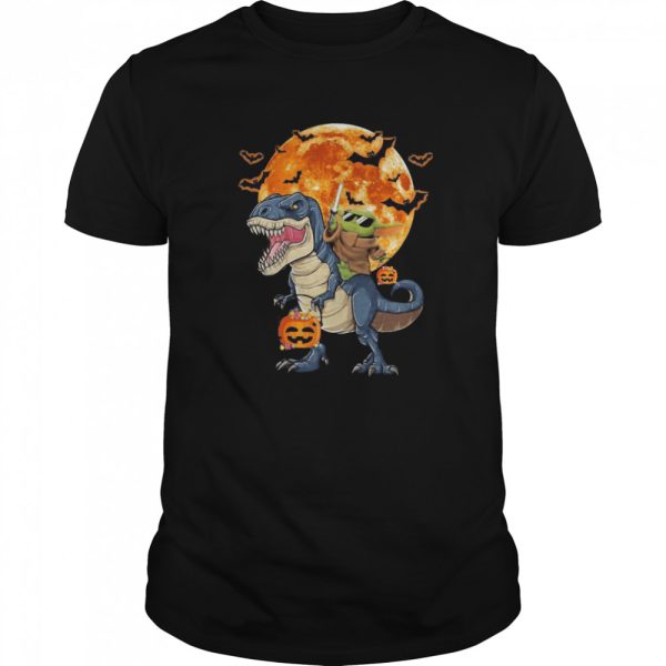 Baby Yoda Riding Dinosaur T-rex Pumpkin Moon Halloween shirt