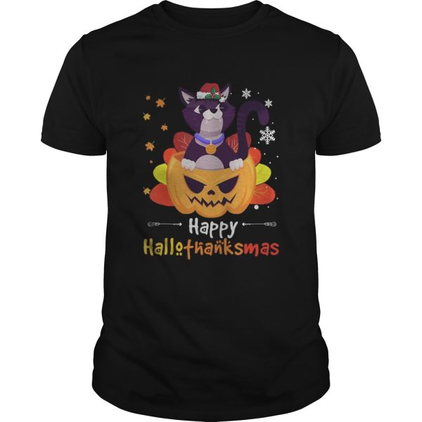 Black Cat Halloween And Merry Christmas Happy Hallothanksmas shirt