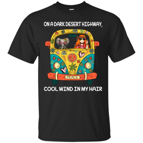 Elephant and girl on the dark desert highway cool wind in my hair shirt