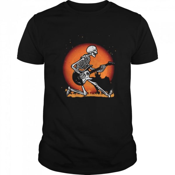 Skull playing guitar under moon Halloween shirt