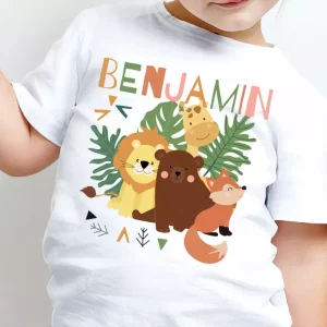 T-shirt enfant Prenom Animaux sauvages mignons avec feuilles