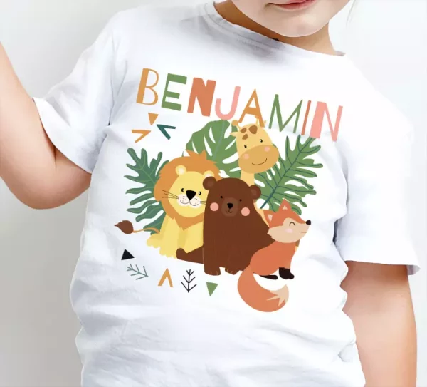 T-shirt enfant Prenom Animaux sauvages mignons avec feuilles