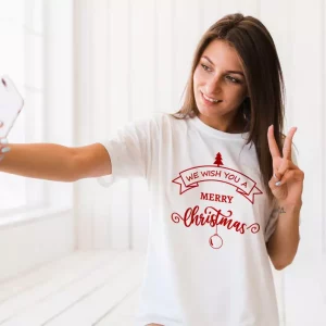 T shirt noel Timbre rouge noel feliz