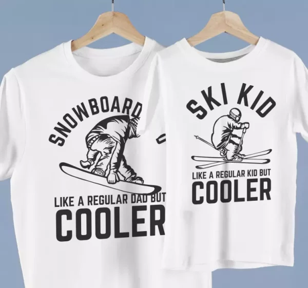 T-shirts assortis pere et enfant snowboard et ski