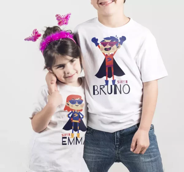 T-shirts enfants prénoms personnalisés Supers frère et sœur