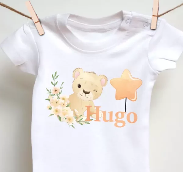 Tee shirt bebe Lion mignon pour garcon avec nom