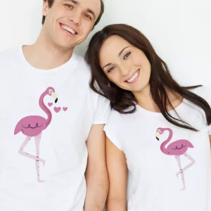 Tee shirt couple Flamants roses amoureux