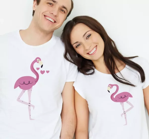 Tee shirt couple Flamants roses amoureux