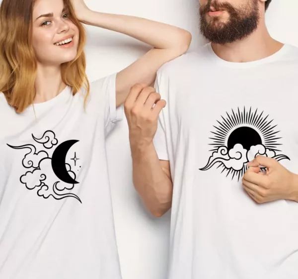 Tee shirt couple Lune, soleil et nuages