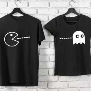 Tee shirt couple Pac-man monochrome et fantome Tee shirt couple Pac-man monochrome et fantome