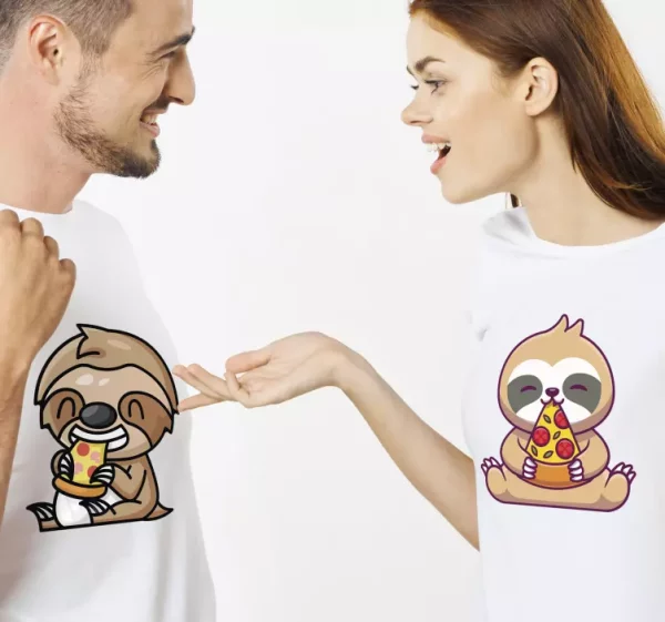 Tee shirt couple Paresseux mignons mangeant de la pizza ensemble