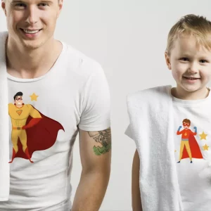 Tee shirt pere et fils Super-heros amusant Tee shirt pere et fils Super-heros amusant