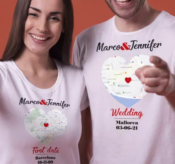 Tee-shirts couple emplacements moments speciaux a personnaliser