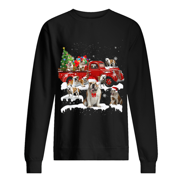 Bulldog Riding Red Truck Xmas Merry Christmas shirt