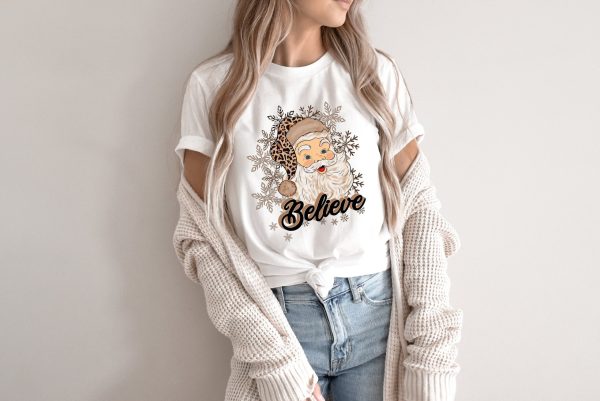 Believe Santa Head Leopard Christmas T Shirt