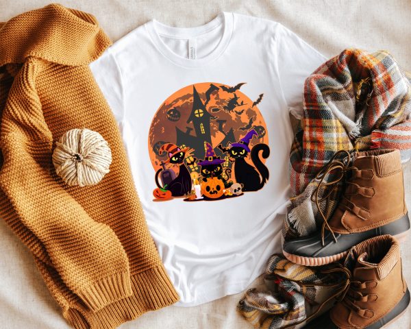 Black Cat Halloween Shirt Fall Pumpkin Oversized Tshirt Comfort Colors Women