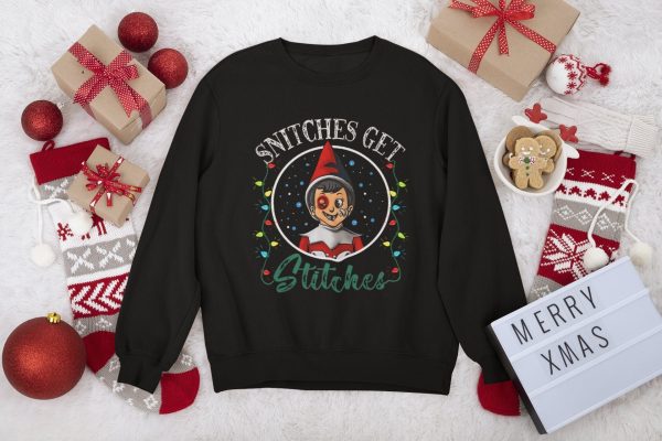 Cartoon Christmas Snitches Get Stitches Elf Xmas Shirt