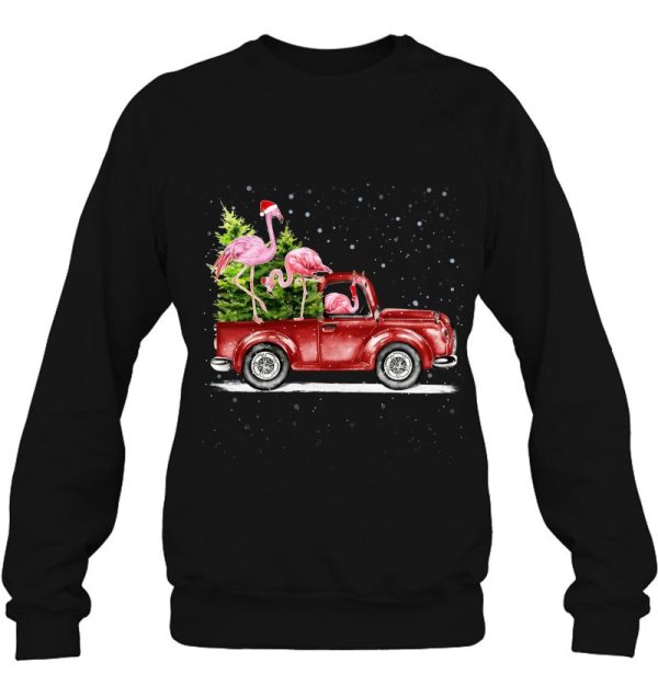 Christmas Three Flamingo Ride Red Truck Xmas Santa Hat Sweatshirt