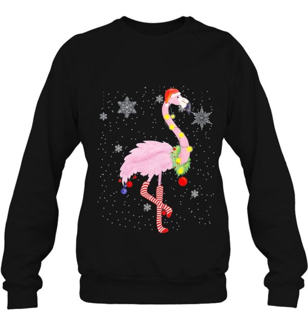 Cute Pink Flamingo With Snow Lights And Santa Hat Christmas Shirt For Babies