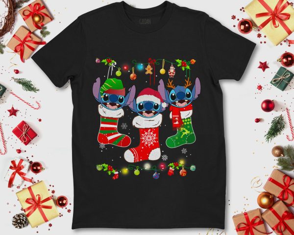 Disney Stitch On Socks Christmas Lights Gift Funny Xmas Holiday Shirt