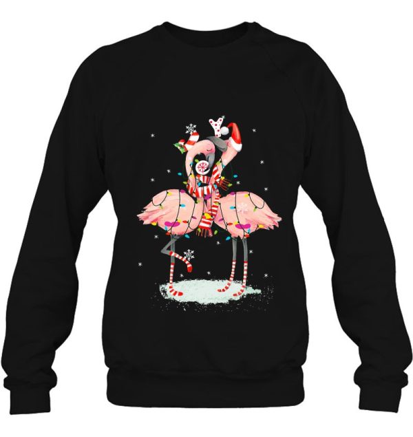 Flamingo Christmas Tree Santa Hat Xmas Light Merry Shirt