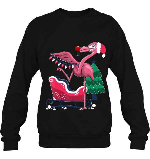 Flamingo Santa Hat Christmas Lights Sledge Shirt For Babies