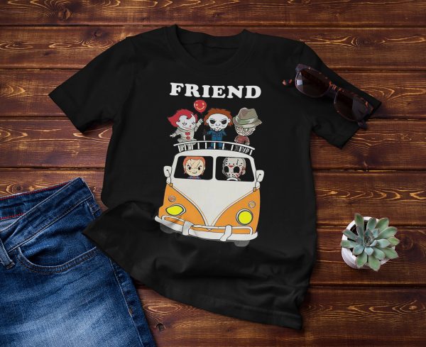 Halloween Horror Characters Friends In Van Funny Vintage T-Shirt