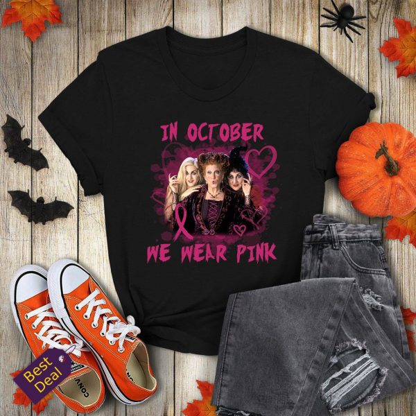 Hocus Pocus In October We Wear Pink Horror Characters Halloween Shirts