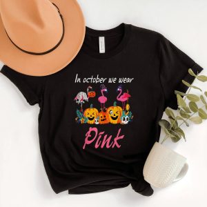 In October We Wear Pink Flamingo Pumpkin Halloween Shirt