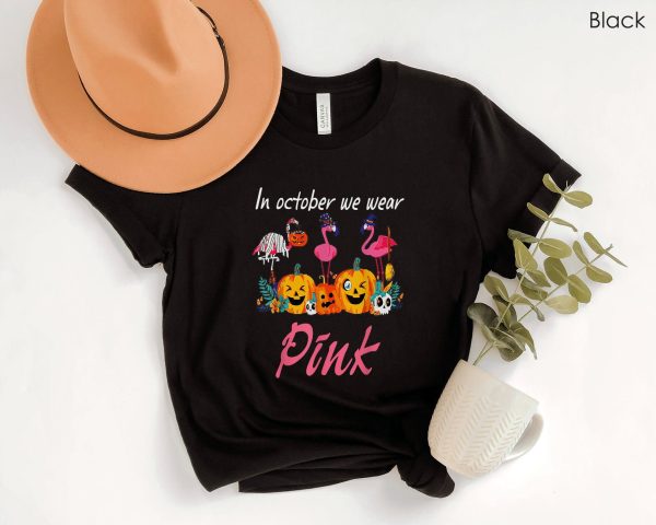 In October We Wear Pink Flamingo Pumpkin Halloween Shirt