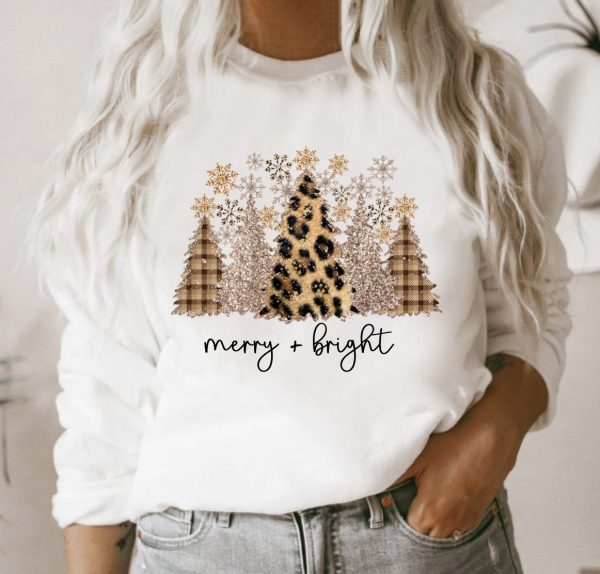 Merry And Bright Leopard Print Christmas Tree Sweatshirt