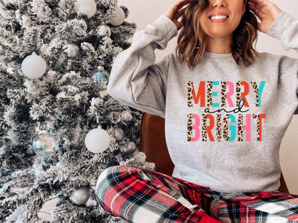 Merry And Bright Leopard Print Womens Christmas Sweatshirt