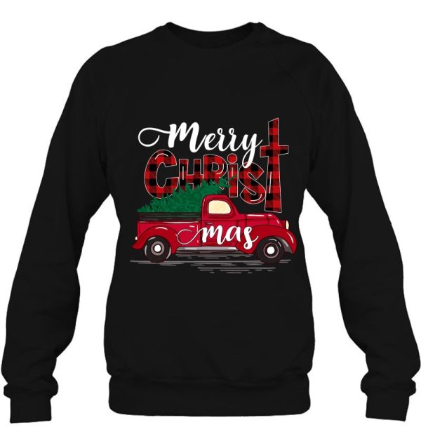 Merry Christmas Buffalo Plaid Red Truck Christian Cross Xmas Gift Sweatshirt