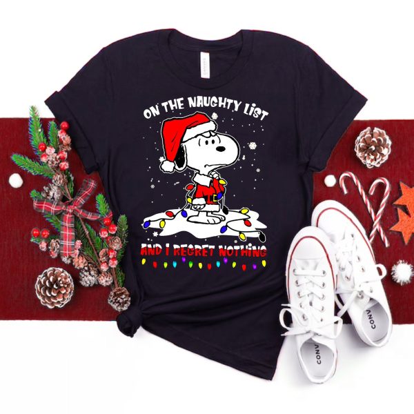 On The Naughty List And I Regret Nothing Snoopy Santa Hat Christmas Shirt