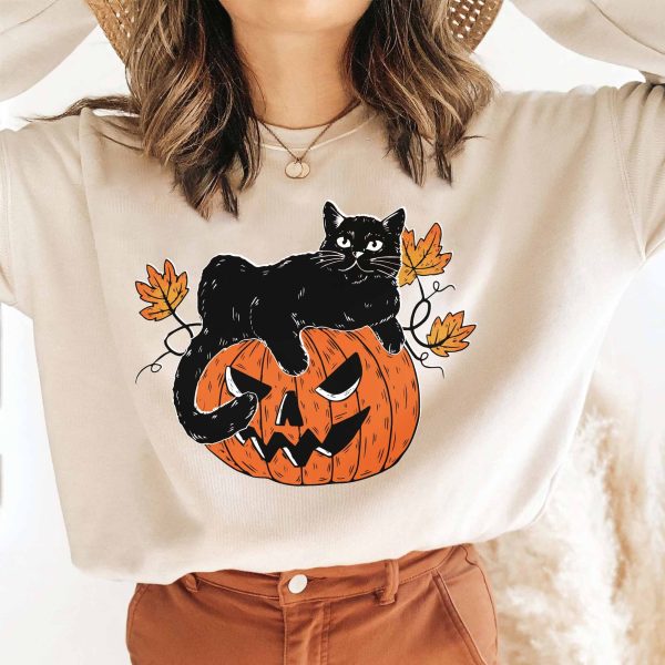 Pumpkin And Black Cat Halloween Sweatshirt Fall Shirt