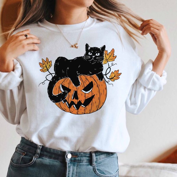 Pumpkin And Black Cat Halloween Sweatshirt Fall Shirt