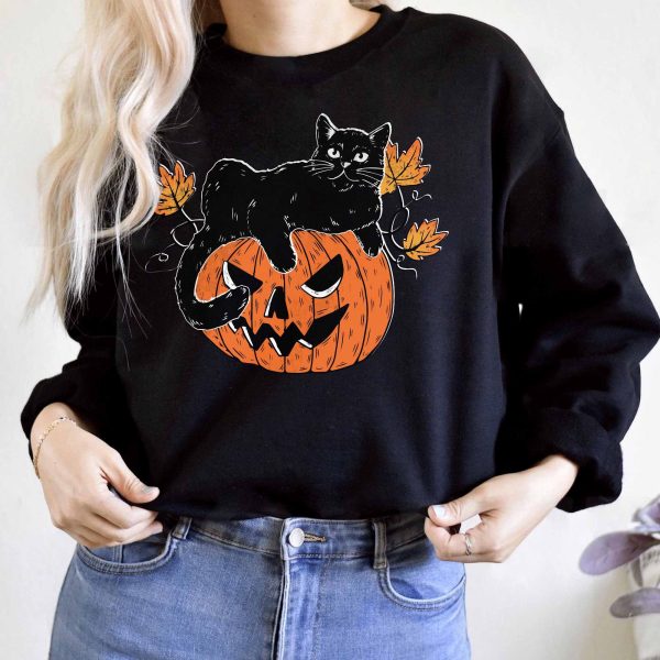 Pumpkin And Black Cat Halloween Sweatshirt Fall Shirt