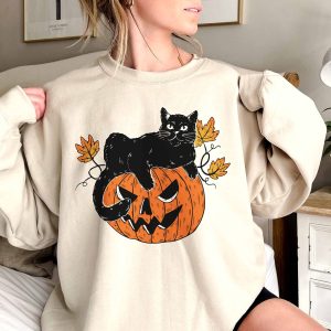 Pumpkin And Black Cat Halloween Sweatshirt Fall Shirt 4