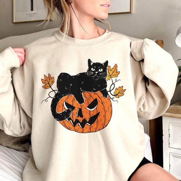 Pumpkin And Black Cat Halloween Sweatshirt Fall Shirt