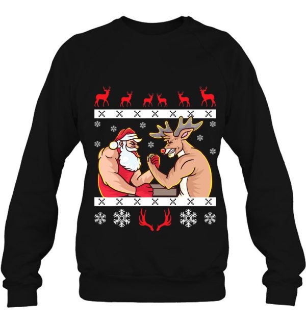 Santa Claus And Reindeer Arm Wrestling Ugly Christmas Sweatshirt