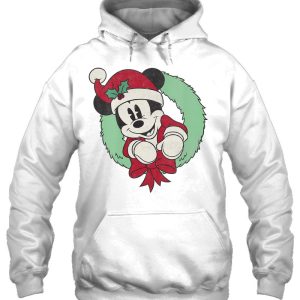 Womens Mickey Mouse Christmas Wreath Santa Hat Portrait Hoodie Shirt