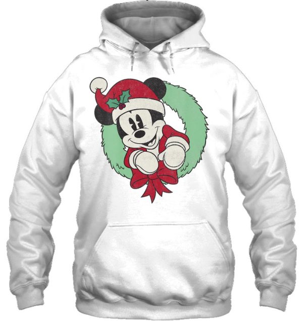 Womens Mickey Mouse Christmas Wreath Santa Hat Portrait Hoodie Shirt