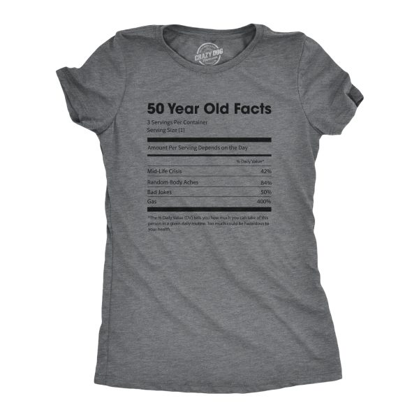 Womens 50 Year Old Facts Tshirt Funny Fifties Nutrition Label Mid-Life Crisis Birthday Tee