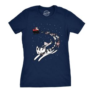 Womens Cat Reindeer Sleigh Tshirt Funny Santa Christmas Holiday Party Tee 1