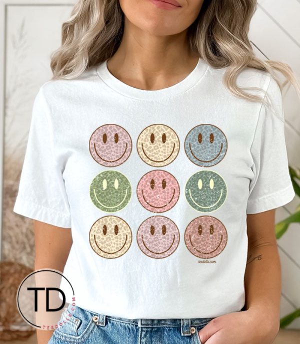 Leopard Print Smiley Face Grid – Cute Graphic Print T-Shirt