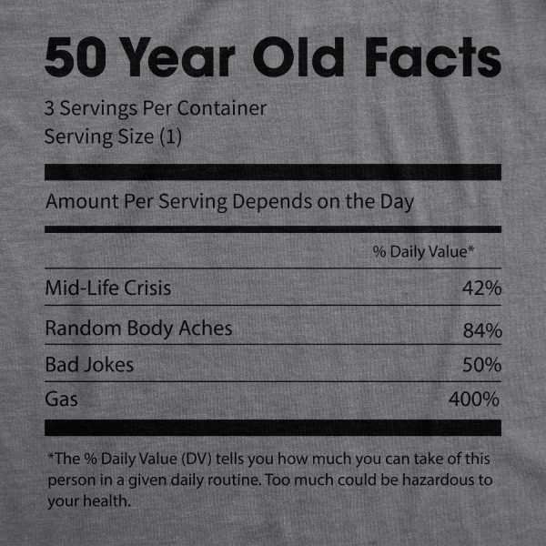 Womens 50 Year Old Facts Tshirt Funny Fifties Nutrition Label Mid-Life Crisis Birthday Tee