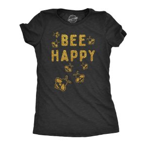 Womens Bee Happy Glitter T Shirt Cute Earth Day Bee Graphic Novelty Tee For Ladies Womens Bee Happy Glitter T Shirt Cute Earth Day Bee Graphic Novelty Tee For Ladies