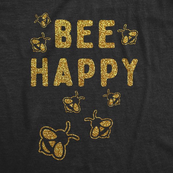 Womens Bee Happy Glitter T Shirt Cute Earth Day Bee Graphic Novelty Tee For Ladies