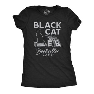 Womens Black Cat Bookseller Cafe T Shirt Funny Halloween Book Lovers Novelty Tee For Ladies Womens Black Cat Bookseller Cafe T Shirt Funny Halloween Book Lovers Novelty Tee For Ladies